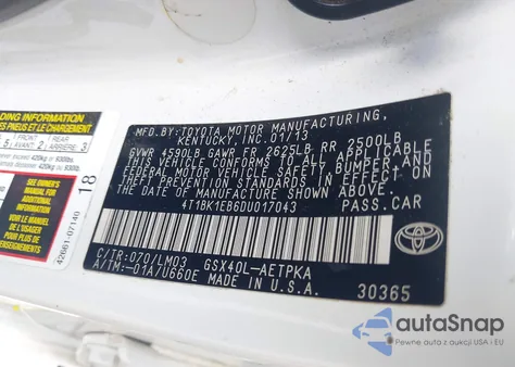 2013 Toyota Avalon Limited from USA, damaged, VIN 4T1BK1EB6DU017043